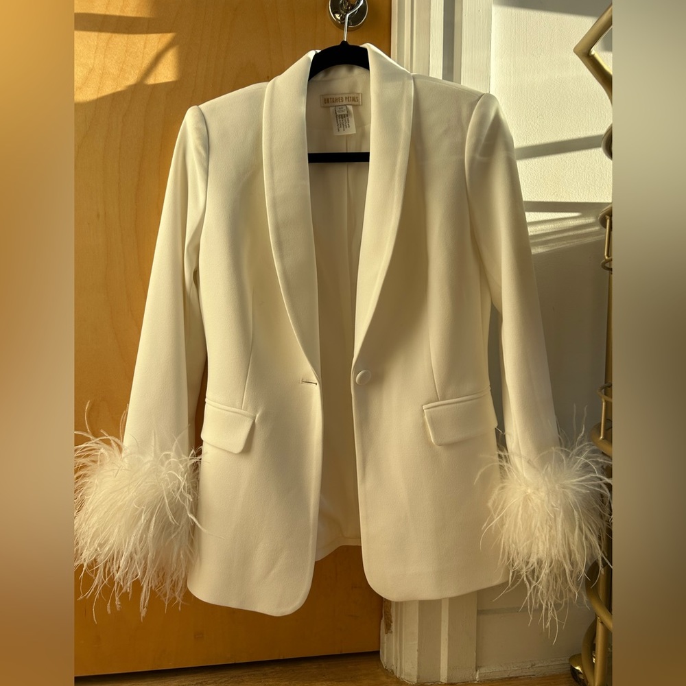 Untamed Petals White Feather Trim Blazer